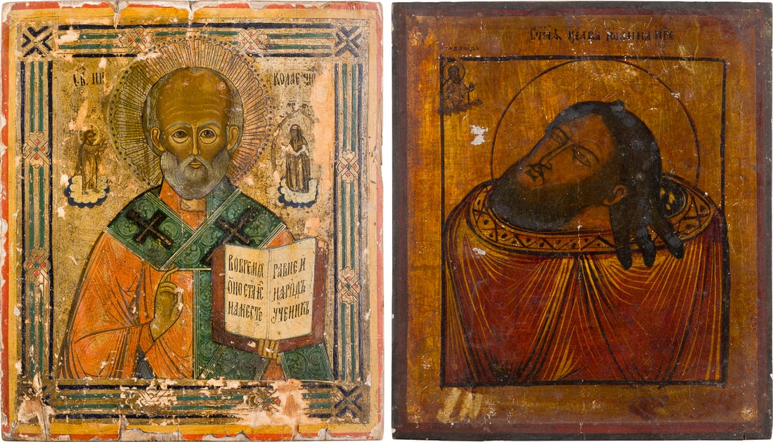 | ZWEI IKONEN: HEILIGER NIKOLAUS VON MYRA UND DAS HAUPT JOHANNES DES VORLAeUFERS: TWO ICONS SHOWING ST. NICHOLAS OF MYRA AND THE HEAD OF ST. JOHN THE FORERUNNER Russian, 2nd half of the 19th century Tempera on wood panels. The background made of silver, covered by a golden lacquer.