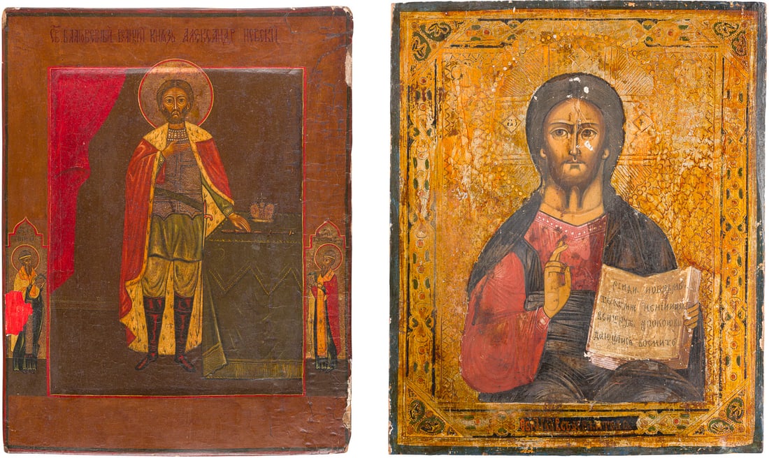| ZWEI IKONEN: CHRISTUS PANTOKRATOR UND HEILIGER ALEXANDER NEWSKI: TWO ICONS SHOWING CHRIST PANTOKRATOR AND ST. ALEXANDER NEVSKY Russian, 19th / 2nd half 20th century Tempera on wood panels. The background made of silver, covered by a golden lacquer. Minor losses, th