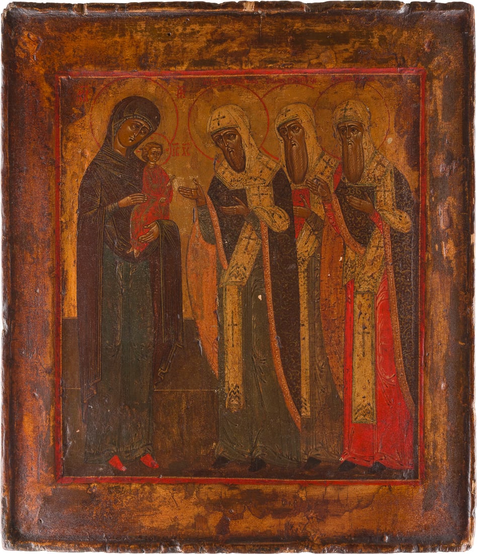 | IKONE MIT DER GOTTESMUTTER VON ROSTOW: AN ICON SHOWING THE MOTHER OF GOD OF ROSTOV 2nd half of the 20th century Tempera on wood panel with double kovcheg. The background made of gold. The edges minimally chipped. 31.5 x 27.7 cm.IKONE MIT D