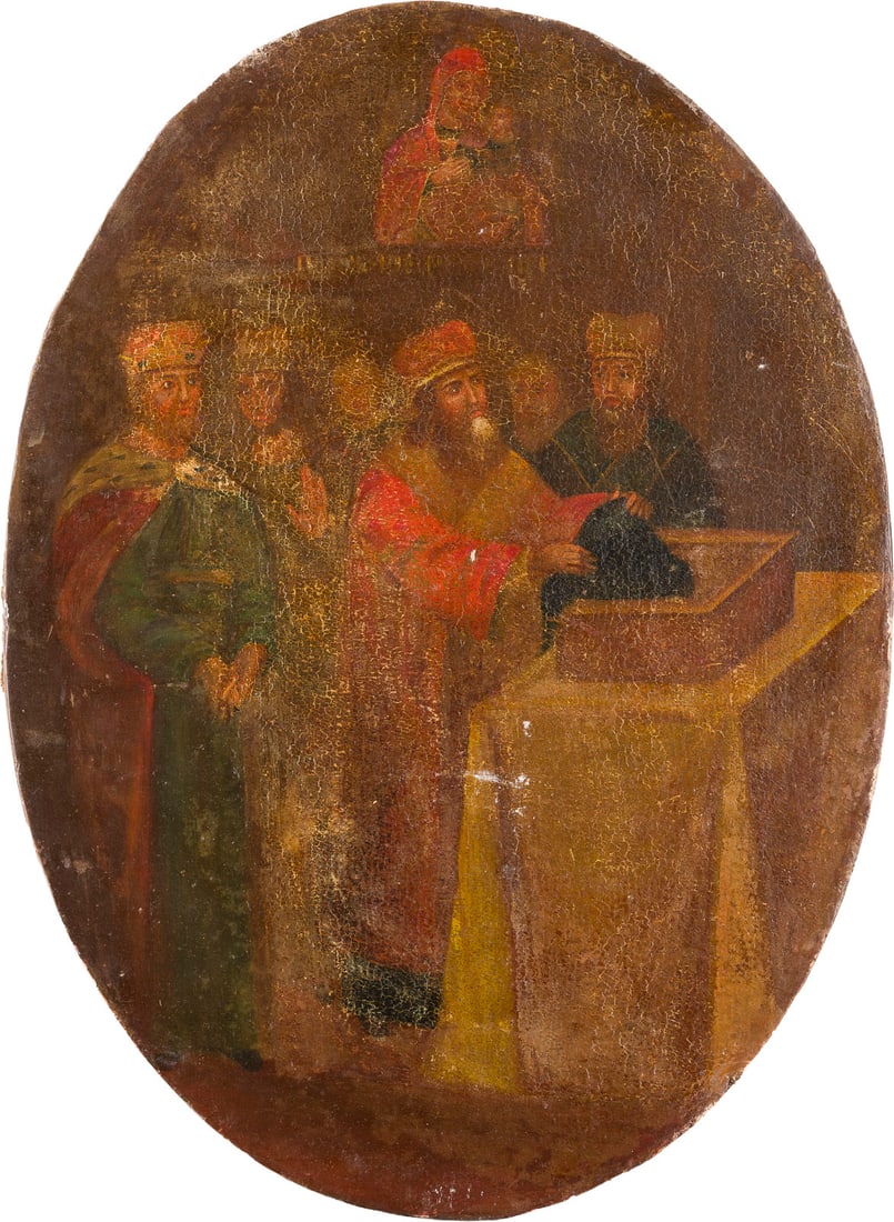 | GROSSE IKONE MIT DER NIEDERLEGUNG DES GEWANDES DER HEILIGEN GOTTESGEBAeRERIN: A LARGE ICON SHOWING THE PLACING OF THE HONORABLE ROBE OF THE MOST HOLY MOTHER OF GOD AT BLACHERNAE Russland, 1. Haelfte 19. Jh. Russian, 1st half of the 19th century Einzeltafel mit einer Rueckseiten