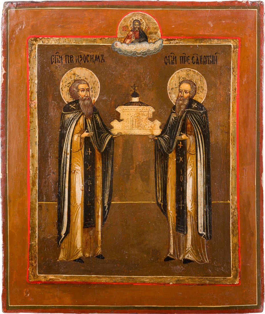 | IKONE MIT DEN HEILIGEN ZOSIMA UND SAWATIJ: AN ICON SHOWING STS. ZOSIMA AND SAVATIY Russian, 19th century Tempera on wood panel with kovcheg. The haloes made of silver, covered by a golden lacquer. Restorations. 28.6 x 24.1 cm.IKONE MIT DEN HEI
