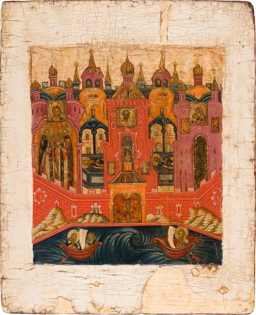 | FEINE IKONE MIT DEN KLOSTERGRUeNDERN ZOSIMA UND SAWATIJ: A FINE ICON SHOWING STS. ZOSIMA AND SAVATII, THE FOUNDERS OF THE SOLOVETSKII MONASTERY Russian, 18th century Tempera on wood panel with kovcheg. The composition exquisitely painted with great attentio