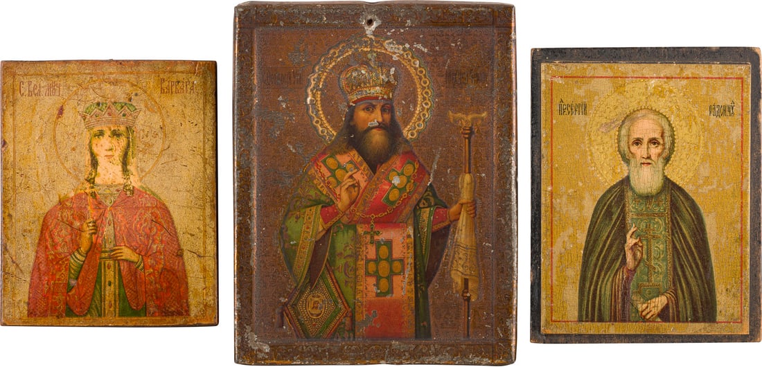 | DREI MINIATUR-IKONEN MIT DEN HEILIGEN BARBARA, SERGEJ VON RADONESCH UND FEODOSIJ VON UGLITSCH: THREE MINIATURE ICONS SHOWING STS. BARBARA, SERGEY OF RADONEZH AND FEODOSIY OF UGLITCH UGLITSCH Russian, circa 1900 Russland, um 1900 Chromolithograph on paper on wood panels / on metal. Minor losses.