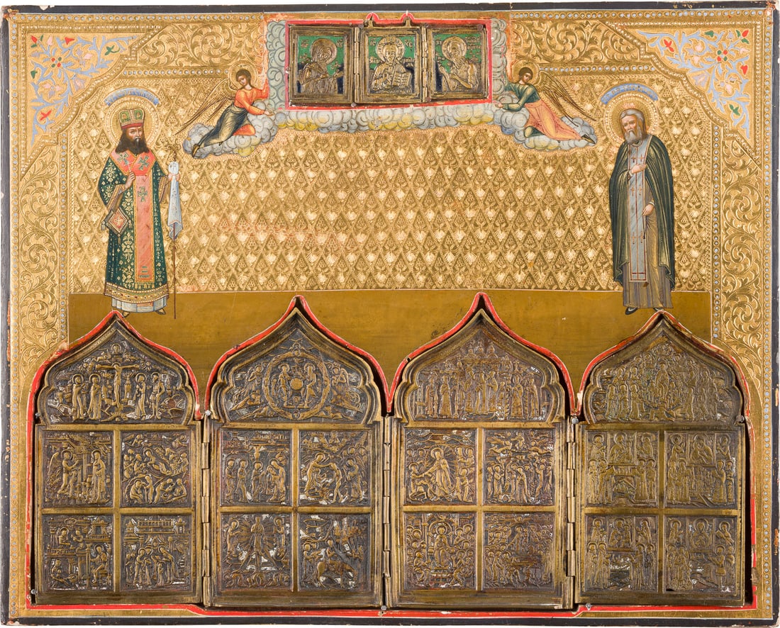 | GROSSFORMATIGE STAUROTHEK MIT DEN HEILIGEN FEODOSIJ VON UGLITSCH UND SERAFIM VON SAROW: A LARGE ICON SHOWING STS. FEODOSIY OF UGLITCH AND SERAPHIM OF SAROV Russian, after 1903 Tempera on wood panel. A brass and enamel triptych and tetraptych are inserted in the panel. Against a tooled ba