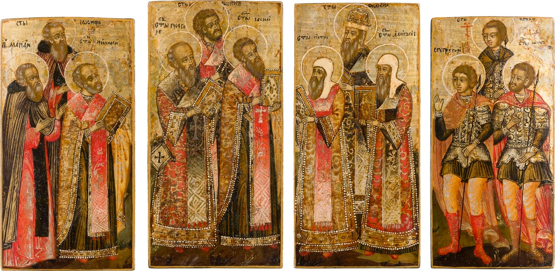 | VIER IKONEN-FRAGMENTE MIT AUSGEWAeHLTEN HEILIGEN: FOUR FRAGMENTS OF ICONS SHOWING SELECTED SAINTS Russian, 17th century Tempera on wood panel. The background made of silver, covered by a golden lacquer. Partially restored. 19.7-21.2 cm high.VIER IKON