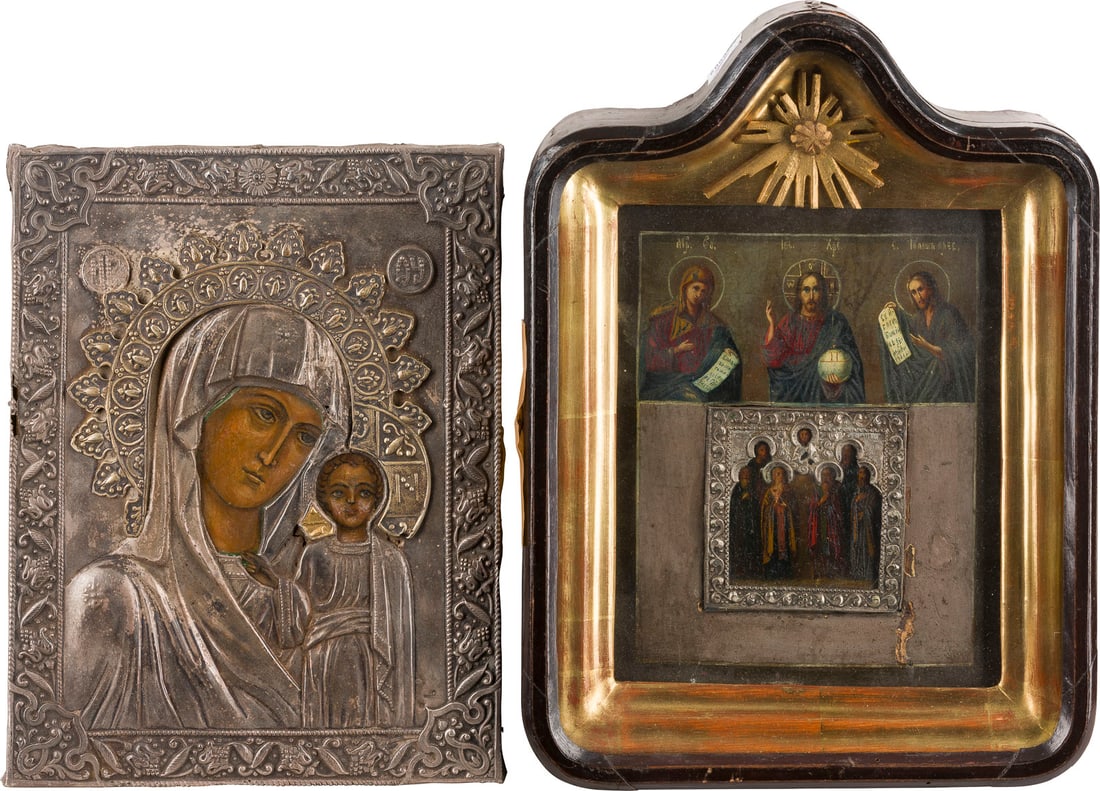| ZWEI IKONEN: ZWEIFELDER-IKONE MIT DEESIS UND HEILIGEN IM KIOT UND GOTTESMUTTER VON KASAN: TWO ICONS: A TWO-PARTITE ICON SHOWING THE DEISIS AND SAINTS WITHIN KYOT AND THE MOTHER OF GOD OF KAZAN WITH SILVER OKLAD Russian, 19th century / recent Oil on wood panels. The silver oklad chased and
