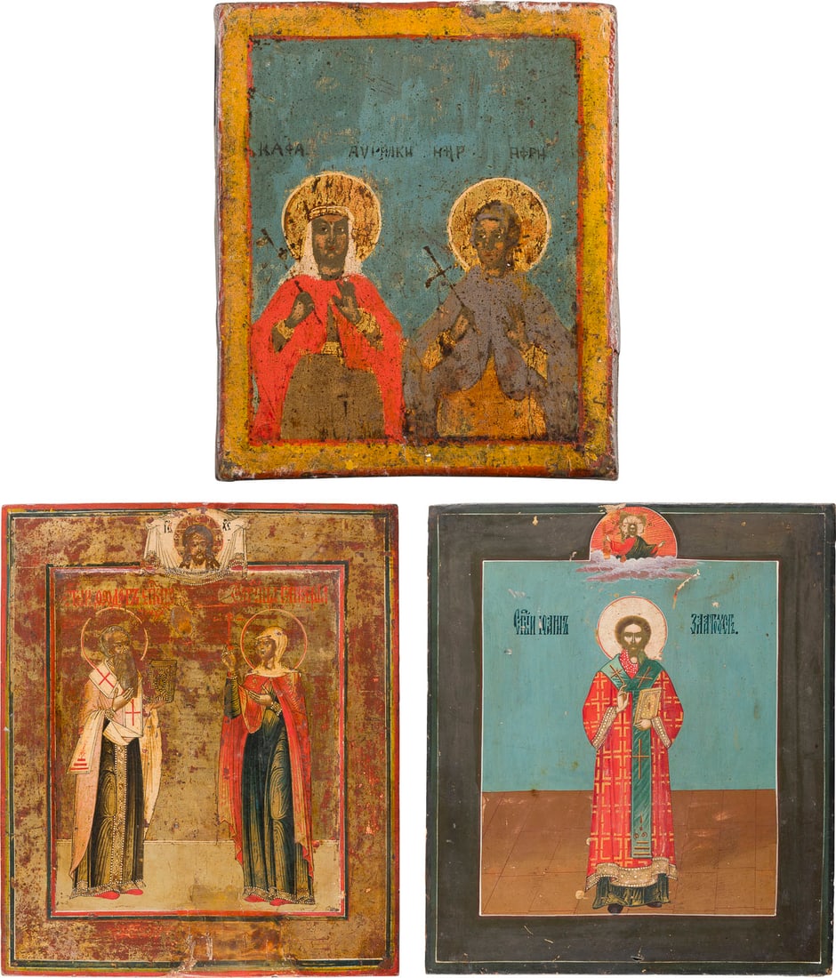 | DREI IKONEN MIT AUSGEWAeHLTEN HEILIGEN, DARUNTER JOHANNES CHRYSOSTOMUS, THEODOR UND GLYKERIA (1 of 4)