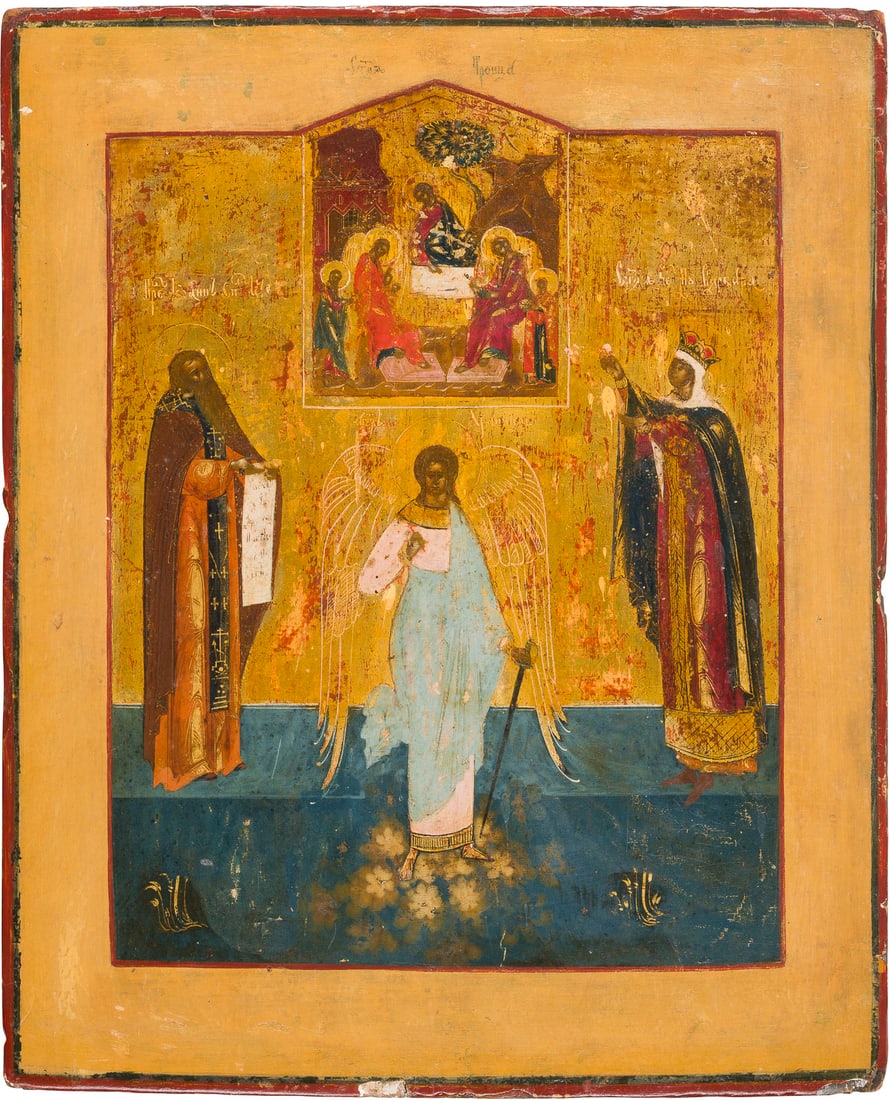 | PATRONATSIKONE MIT DEM SCHUTZENGEL FLANKIERT VON DEN HEILIGEN JOHANNES VON DAMASKUS UND BARBARA: AN ICON SHOWING THE GUARDIAN ANGEL FLANKED BY STS. JOHN OF DAMASCUS AND VARVARA, THE OLD TESTAMENT TRINITY ABOVE, AND A BRASS TETRAPTYCH Russian, early 19th century Tempera on wood panel. Finely execu