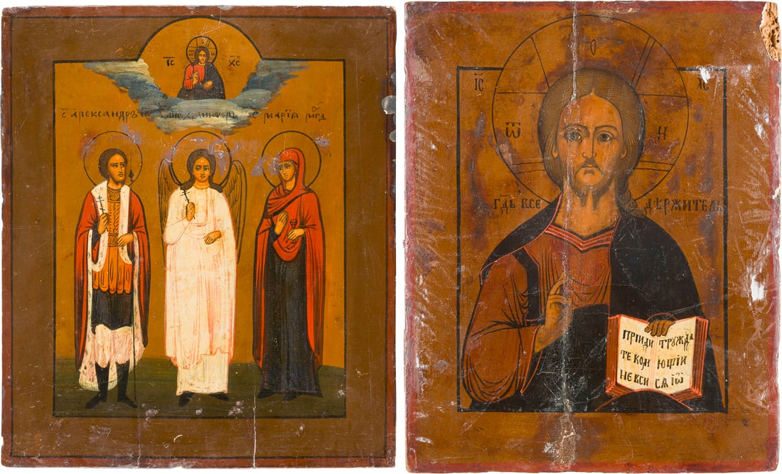 | ZWEI IKONEN: CHRISTUS PANTOKRATOR UND DER SCHUTZENGEL FLANKIERT VON DEN HEILIGEN ALEXANDER NEWSKI: TWO ICONS: CHRIST PANTOKRATOR AND THE GUARDIAN ANGEL FLANKED BY SAINTS ALEXANDER NEVSKY AND MARY MAGDALENE Russian, 19th century Tempera on wood panels. Vertical crack restored, some damage. 26.5 x 21