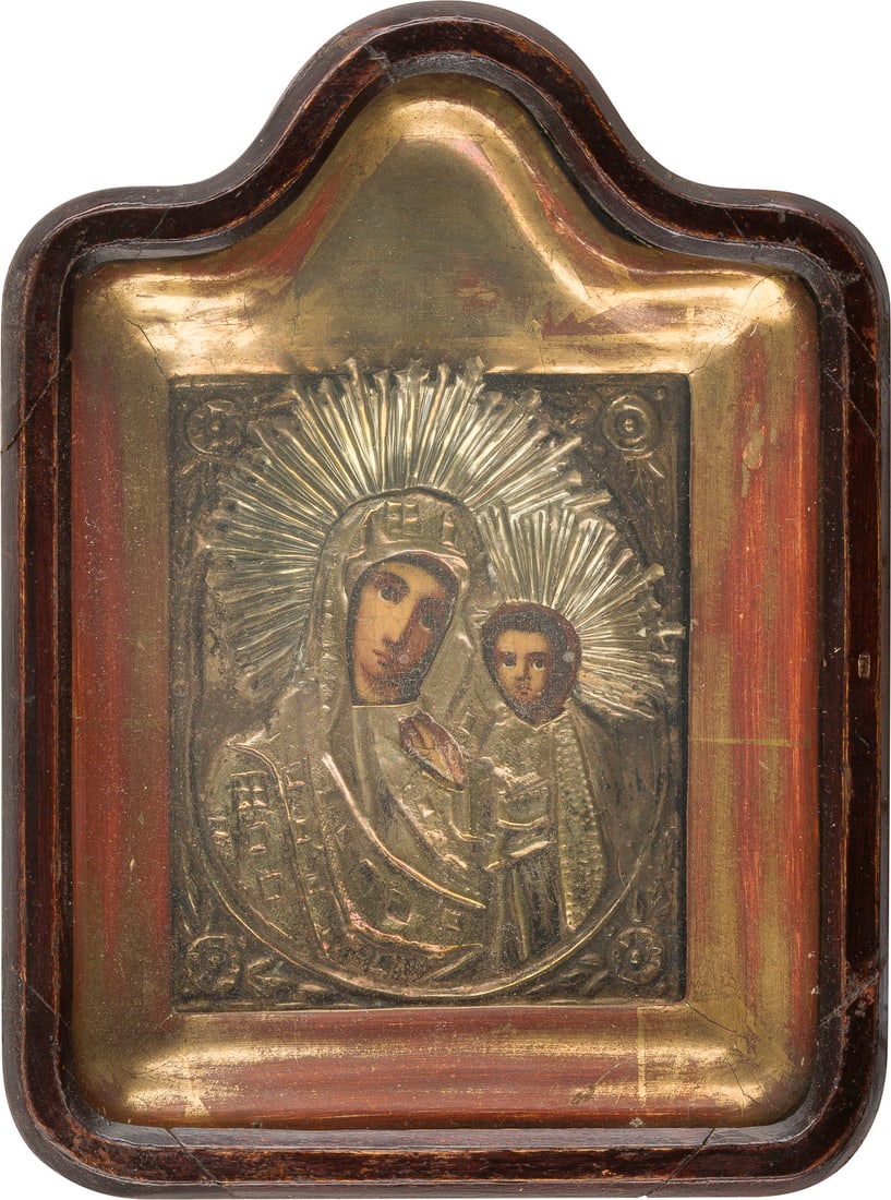 | ZWEI IKONEN: KLEINE IKONE MIT DER GOTTESMUTTER VON KASAN (KASANSKAJA) MIT OKLAD IM KIOT UND VIER (1 of 2)