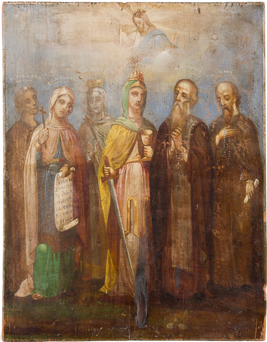 | IKONE MIT FUeNF HEILIGEN, DARUNTER DIE HEILIGEN KATHARINA UND MARIA VON AeGYPTEN: AN ICON SHOWING FIVE SELECTED SAINTS, STS. CATHERINE AND MARY OF EGYPT AMONG THEM Russian, 2nd half of the 19th century Oil on wood panel. Burn mark, partially worn. 34.9 x 27.1 cm.IKONE MIT FUeNF HEI