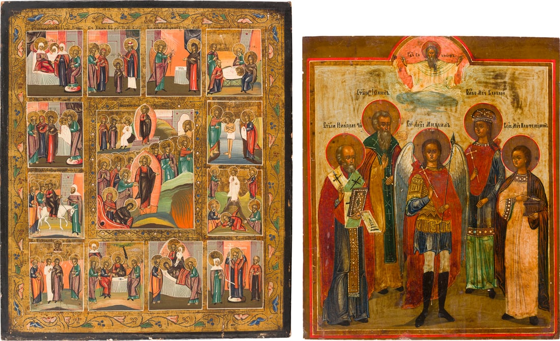 | ZWEI IKONEN: FESTTAGSIKONE UND PATRONATSIKONE MIT DEM ERZENGEL MICHAEL UND FAMILIENPATRONEN: TWO ICONS: A FEAST DAY ICON AND AN ICON SHOWING THE ARCHANGEL MICHAEL FLANKED BY FOUR SELECTED SAINTS Russian, 19th century Tempera on wood panels. The background made of silver, covered by a golden l