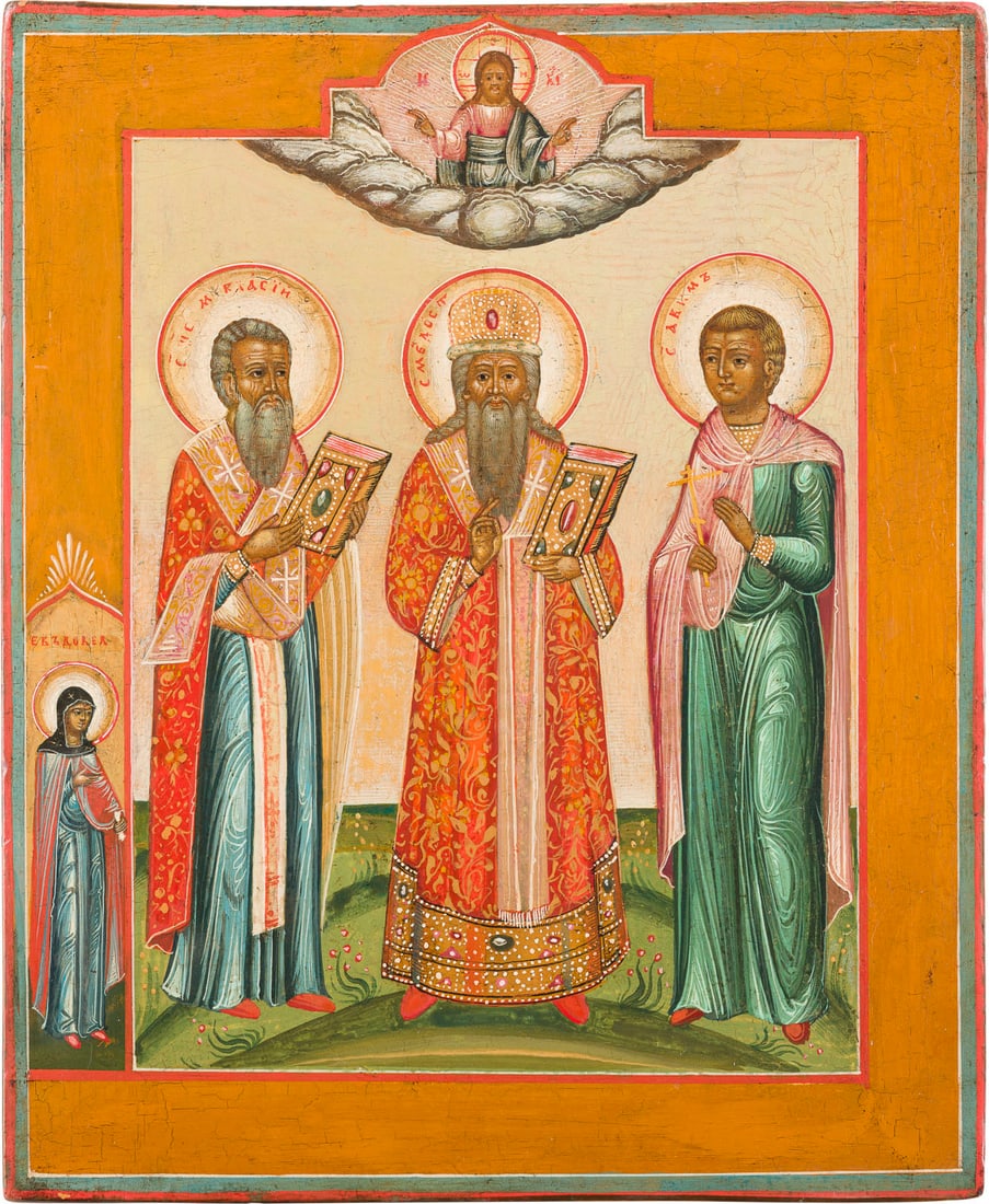 | IKONE MIT DREI HEILIGEN, DARUNTER BLASIUS UND MODEST: AN ICON SHOWING THREE SELECTED SAINTS, STS. BLAISE AND MODEST AMONG THEM Russian, 18th century Tempera on wood panel. A nun is represented on the left border. The icon has been largely repainted recen