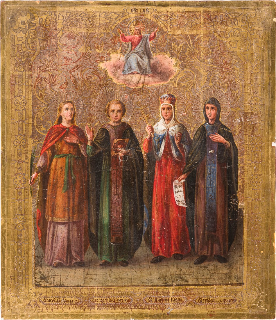 | IKONE MIT DEN HEILIGEN ALEXANDRA, JOHANNES, HELENA UND PELAGIA: AN ICON SHOWING STS. ALEXANDRA, JOHN, HELENA AND PELAGIA Russian, 3rd quarter of the 19th century Oil on wood panel. The gilt background and border ornately incised. Minimally chipped. 30.8 x 26.5 cm.