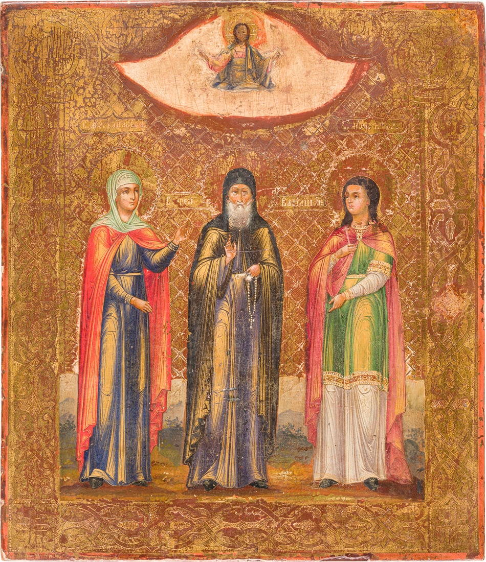 | FEINE IKONE MIT DREI HEILIGEN, DARUNTER DIE HEILIGE ELISABETH: A FINE ICON SHOWING THREE SAINTS, ST. ELISABETH AMONG THEM Central Russian, early 20th century Tempera on wood panel. The background and border gilded and incised to resemble a chased gilded silver ok