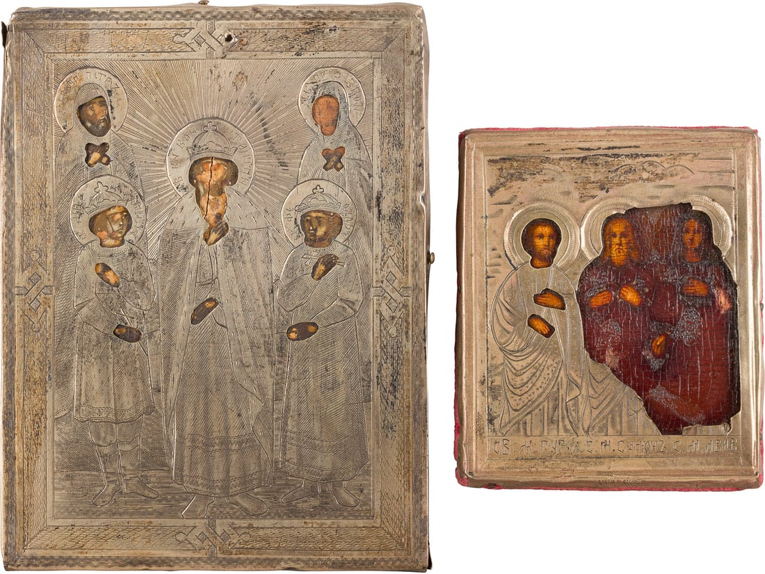 | ZWEI MINIATUR-IKONEN MIT AUSGEWAeHLTEN HEILIGEN MIT SILBER-OKLAD: TWO MINIATURE ICONS SHOWING SELECTED SAINTS WITH SILVER OKLAD Russian, 2nd half of the 19th century (icons), Russian, Moscow, 1875 / late 19th century (oklads) Holztafeln. Oelmalerei / Eitempera auf K