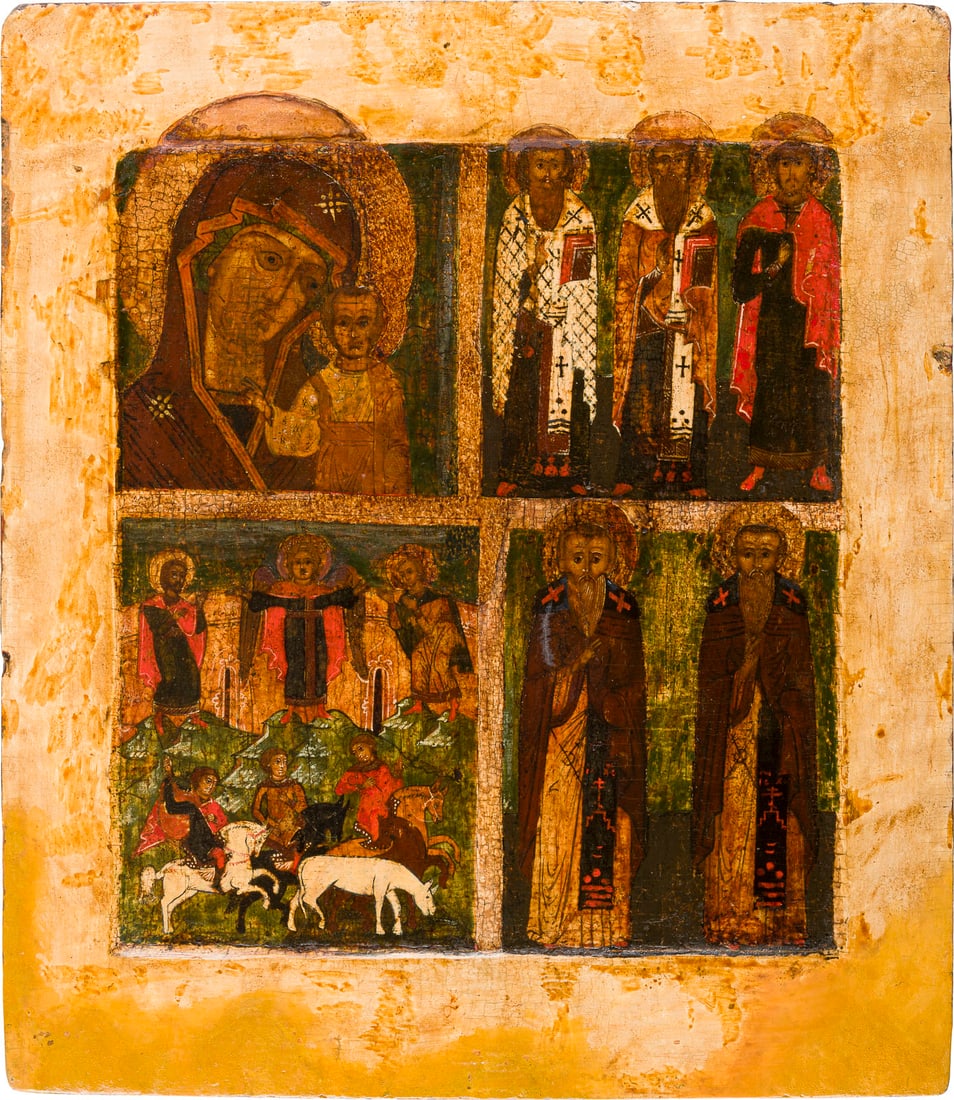 | SEHR FEINE VIERFELDER-IKONE MIT DER GOTTESMUTTER VON KASAN UND AUSGEWAeHLTEN HEILIGEN: A VERY FINE QUADRI-PARTITE ICON SHOWING THE KAZANSKAYA MOTHER OF GOD AND SELECTED SAINTS Russian, circa 1600 Tempera on wood panel with kovcheg. Painted with saturated colours, predominantly reds and