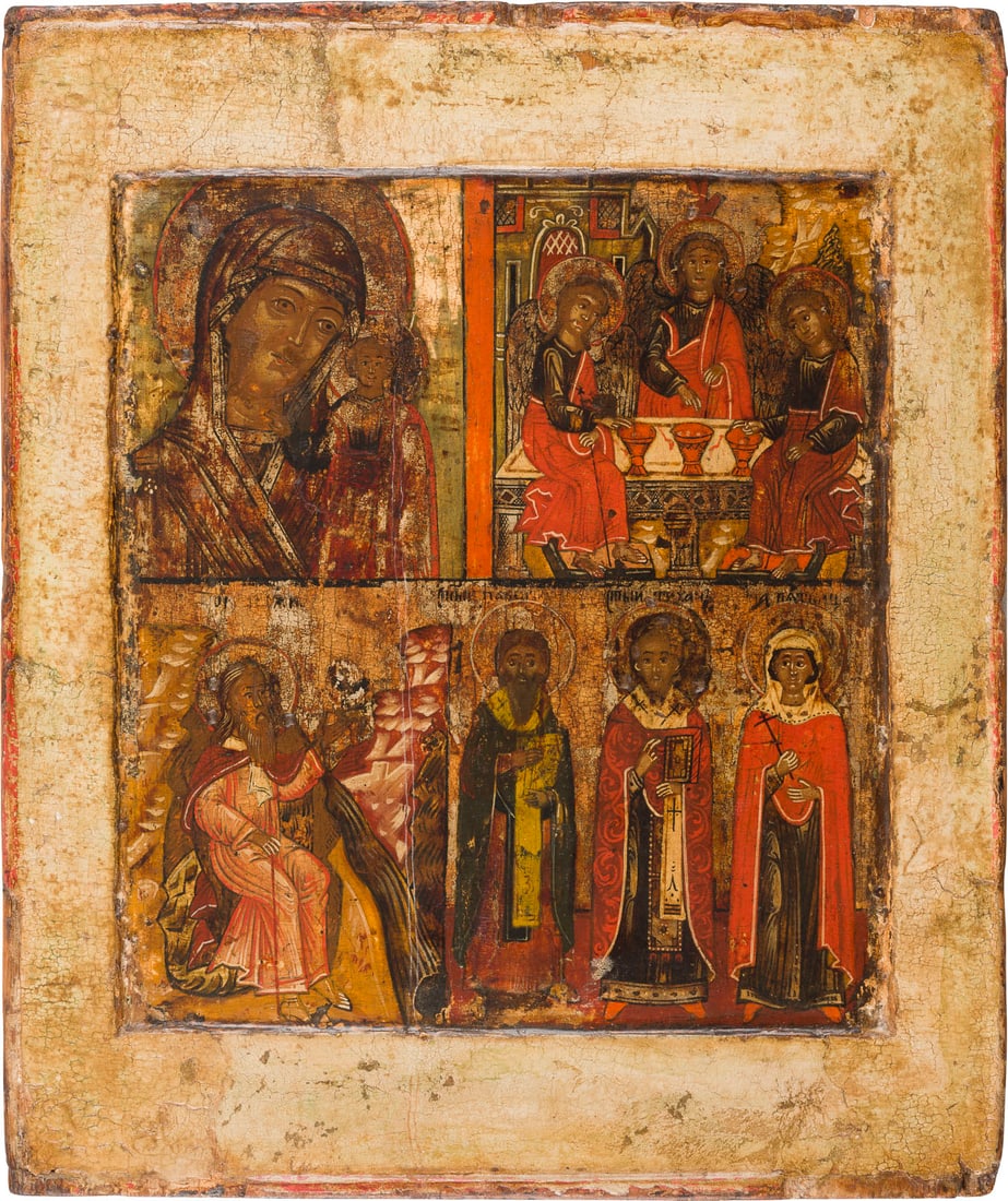 | FEINE VIERFELDER-IKONE MIT DER GOTTESMUTTER VON KASAN, DER ALTTESTAMENTLICHEN DREIFALTIGKEIT, DEM: A FINE QUADRI-PARTITE ICON SHOWING THE MOTHER OF GOD OF KAZAN, THE OLD TESTAMENT TRINITY, THE PROPHET ELIJAH AND THREE SAINTS Russian, 2nd half of the 17th century Tempera on wood panel with double ko