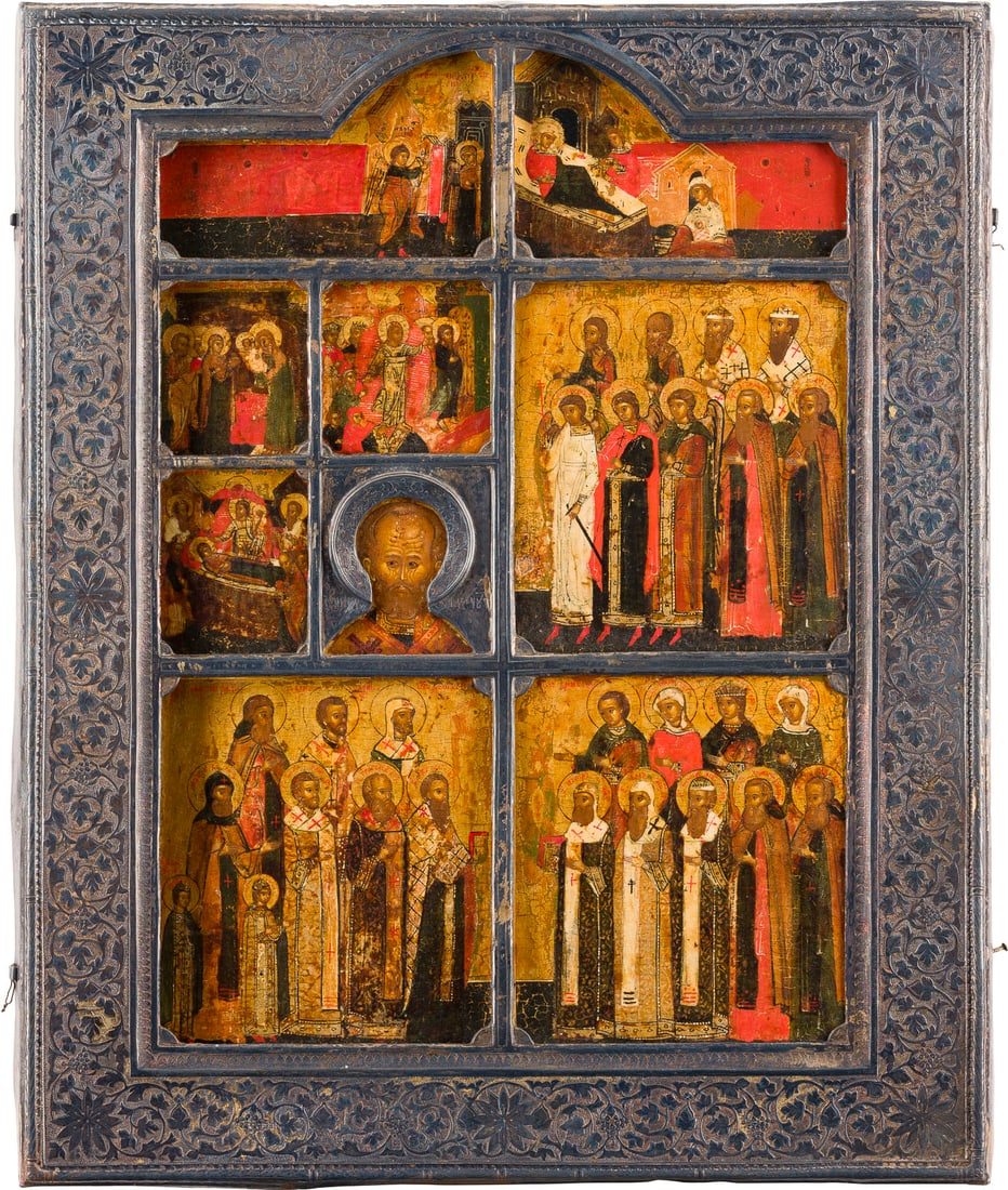 | SEHR FEINE MEHRFELDER-IKONE MIT DER VERKUeNDIGUNG, DER GEBURT DER GOTTESMUTTER, HOCHFESTEN UND: A VERY FINE MULTI-PARTITE ICON SHOWING THE ANUNCIATION, THE NATIVITY OF THE MOTHER OF GOD, FEASTS AND SAINTS WITH A SILVER RIZA Russian, Moscow or Solvychegodsk, Stroganov School, 17th century (icon),