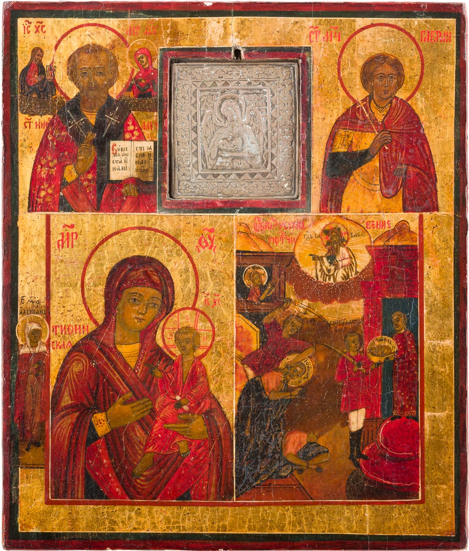 | MEHRFELDER-IKONE MIT HEILIGEN, DER GOTTESMUTTER VON TICHWIN (TICHWINSKAJA) UND JOHANNES DEM: A MULTI-PARTITE ICON SHOWING SELECTED SAINTS, THE TIKHVINSKAYA MOTHER OF GOD AND ST. JOHN THE FORERUNNER Russian, Vetka, 19th century Tempera on wood panel. The background made of gold. A brass icon i