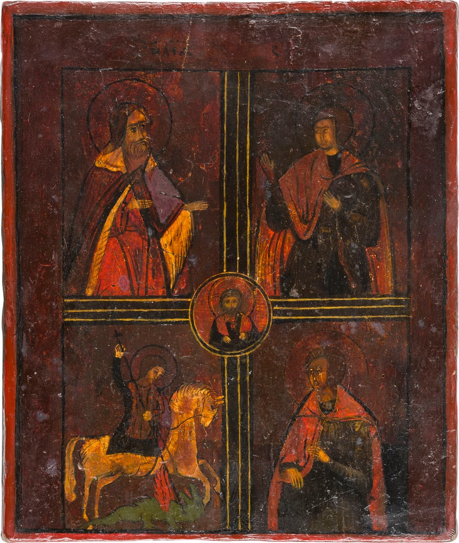 | VIERFELDER-IKONE MIT AUSGEWAeHLTEN HEILIGEN: A QUADRI-PARTITE ICON SHOWING FOUR SELECTED SAINTS Russian, 19th century Tempera on wood panel. Restorations. 26.6 x 22.3 cm.VIERFELDER-IKONE MIT AUSGEWAeHLTEN HEILIGEN Russland, 19. Jh. Einzeltafel.