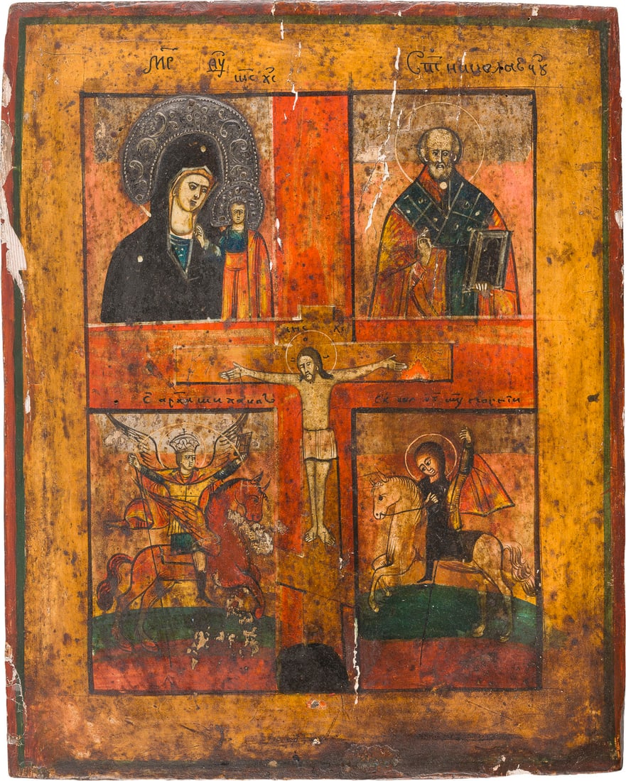 | VIERFELDER-IKONE MIT DER KREUZIGUNG CHRISTI, DER GOTTESMUTTER VON KASAN UND HEILIGEN: A QUADRI-PARTITE ICON SHOWING THE CRUCIFIXION OF CHRIST, THE KAZANSKAYA MOTHER OF GOD AND SAINTS Russland, 19. Jh. Russian, 19th century Einzeltafel mit zwei Rueckseiten-Sponki (eine verloren). Eitemp