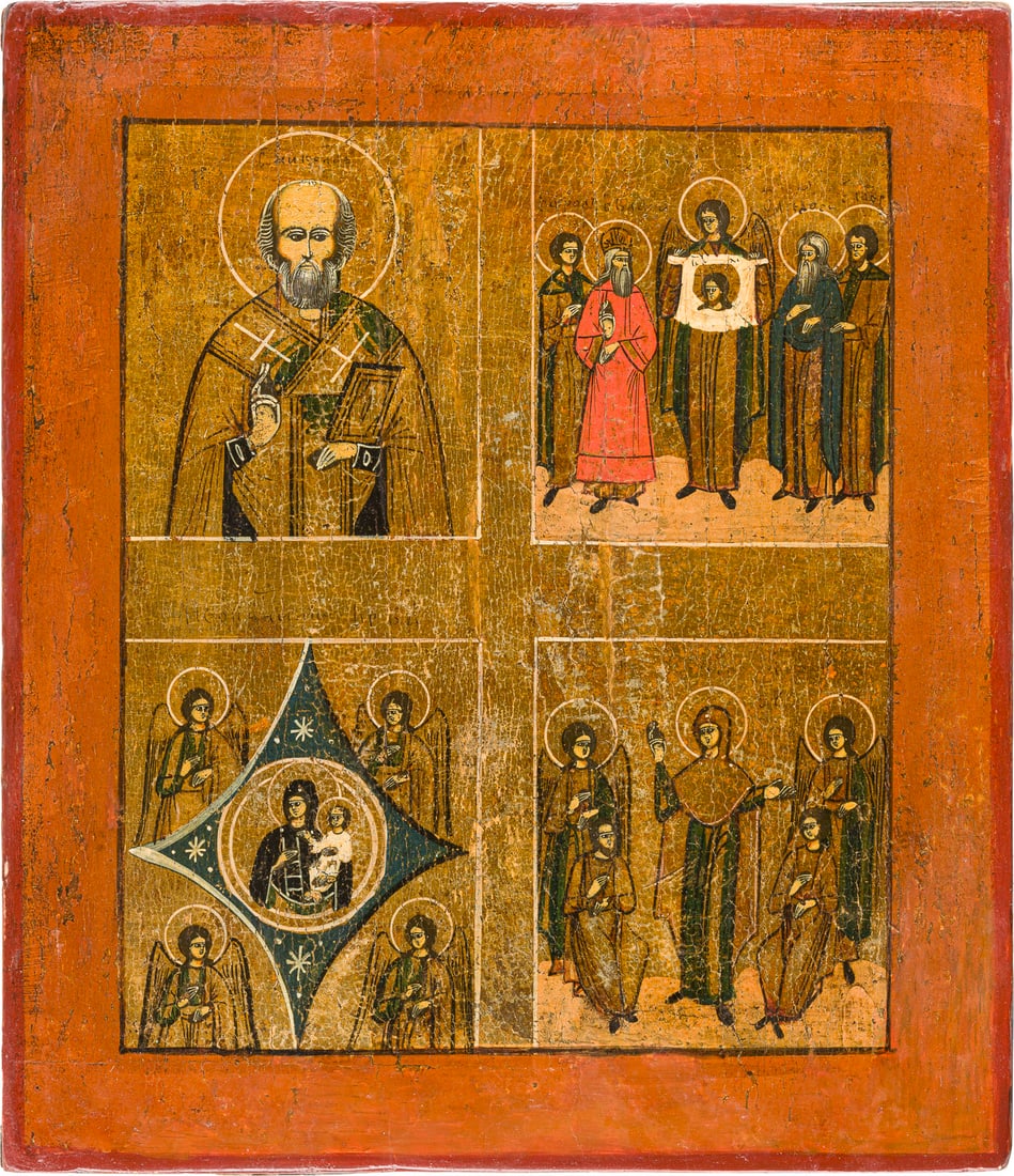 | VIERFELDER-IKONE MIT AUSGEWAeHLTEN HEILIGEN UND GNADENBILDERN DER GOTTESMUTTER: A QUADRI-PARTITE ICON SHOWING SELECTED SAINTS AND IMAGES OF THE MOTHER OF GOD Russian, 19th century Tempera on wood panel. The background made of silver, covered by a golden lacquer. Partially restore