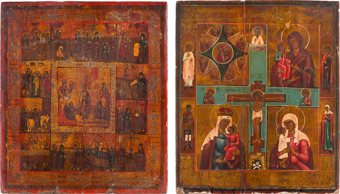 | ZWEI IKONEN: FESTTAGSIKONE UND VIERFELDER-IKONE MIT GNADENBILDERN DER GOTTESMUTTER: TWO ICONS: A FEAST DAY ICON AND A QUADRI-PARTITE ICON SHOWING IMAGES OF THE MOTHER OF GOD Russian, late 19th century Tempera on wood panels. The background made of silver, covered by a golden lacquer.