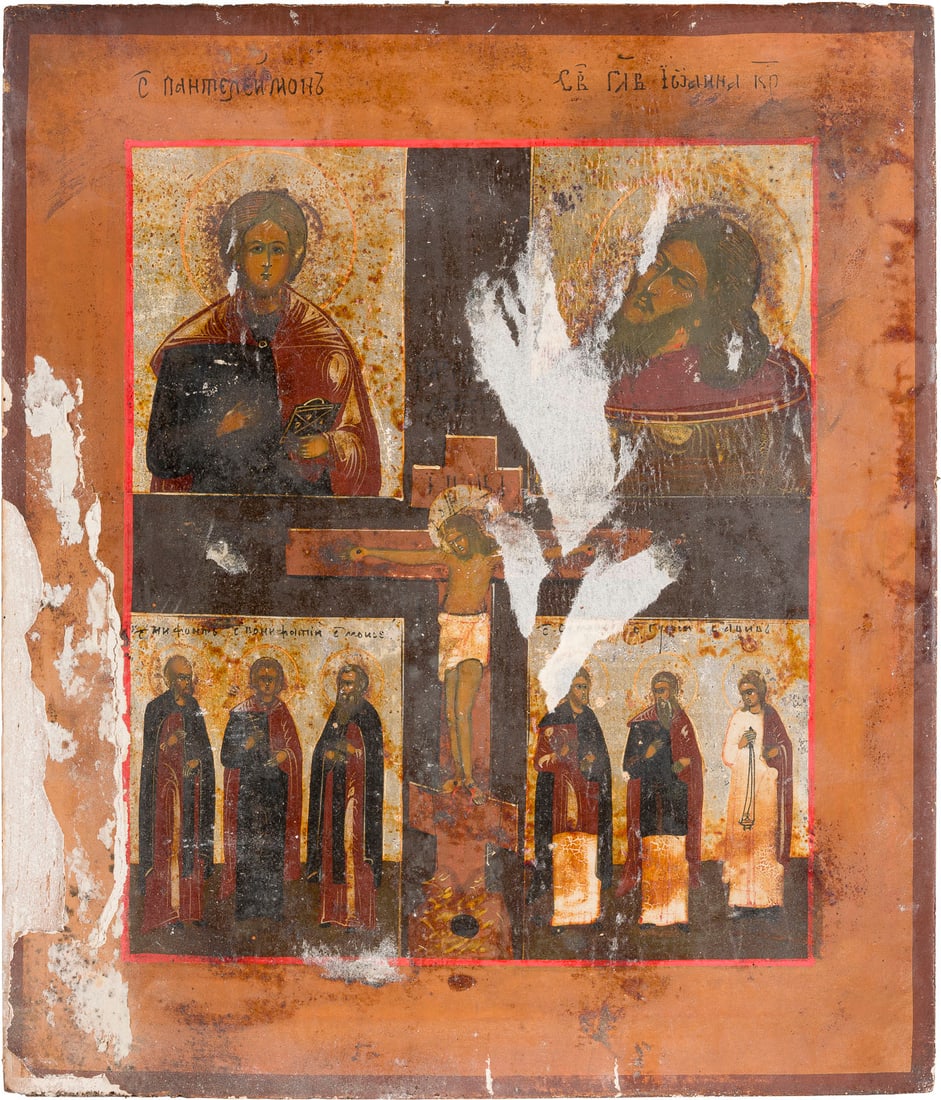 | ZWEI VIERFELDER-IKONEN MIT GNADENBILDERN DER GOTTESMUTTER UND HEILIGEN: TWO QUADRI-PARTITE ICONS SHOWING IMAGES OF THE MOTHER OF GOD AND SELECTED SAINTS Russian, 19th century Tempera on wood panels. The background made of silver, covered by a golden lacquer. Losses, damag