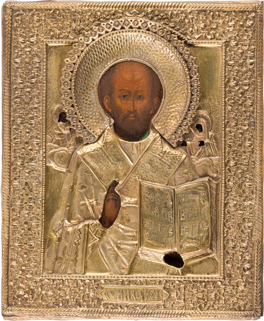 | ZWEI IKONEN: GOTTESMUTTER TRICHEIROUSA UND HEILIGER NIKOLAUS VON MYRA MIT OKLAD (1 of 2)