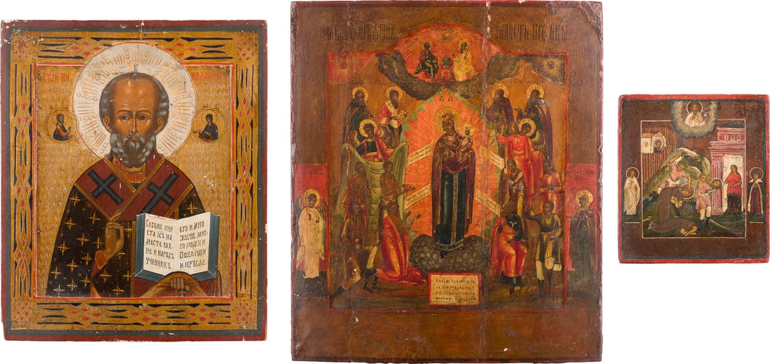 | DREI IKONEN: ENTHAUPTUNG JOHANNES DES VORLAeUFERS, HEILIGER NIKOLAUS VON MYRA UND GOTTESMUTTER: THREE ICONS SHOWING THE BEHEADING OF ST. JOHN THE FORERUNNER, ST. NICHOLAS OF MYRA AND THE MOTHER OF GOD 'JOY TO ALL WHO GRIEVE' Russian, 19th century Tempera on wood panels. The background made of si