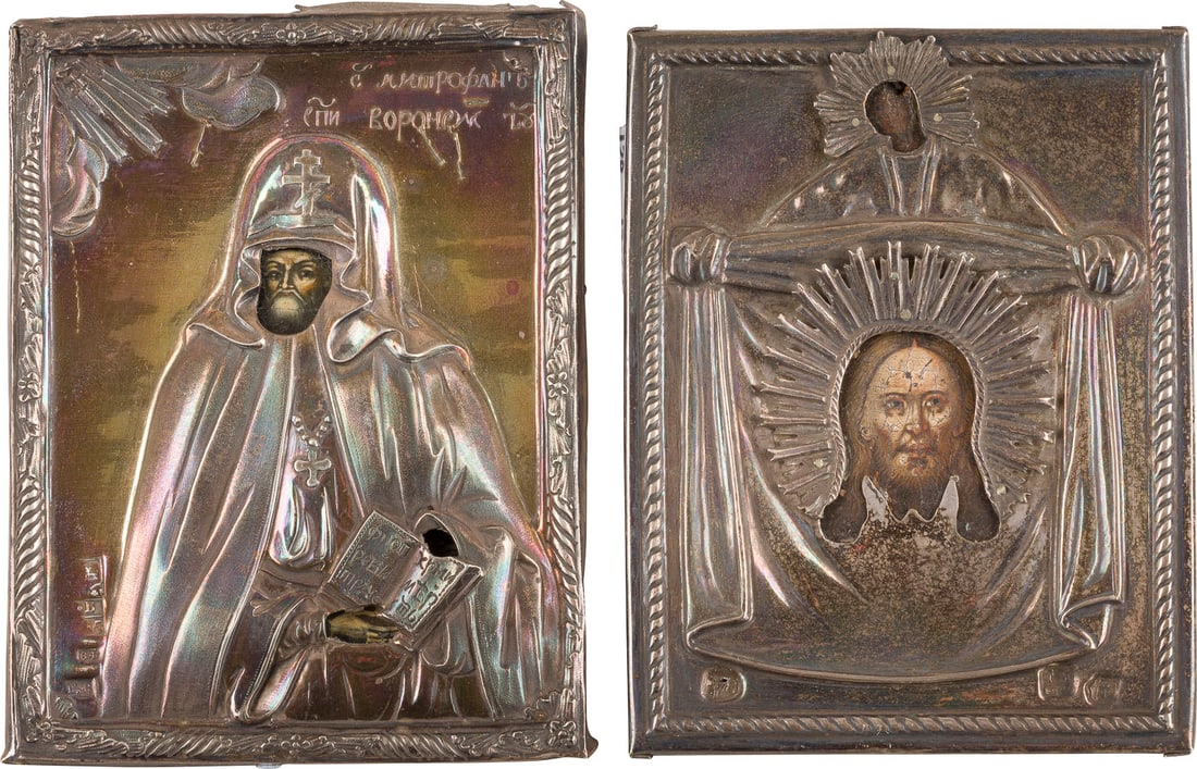 | SAMMLUNG VON FUeNF MINIATUR-IKONEN MIT SILBER-OKLAD: GOTTESMUTTER-DARSTELLUNGEN, MANDYLION UND: A COLLECTION OF FIVE MINIATURE ICONS WITH SILVER OKLAD SHOWING IMAGES OF THE MOTHER OF GOD, THE MANDYLION AND SAINTS Russian, 19th century (icons), Russian, including St. Petersburg / Moscow, 19th cen