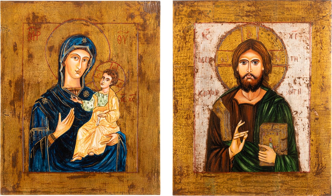 | ZWEI IKONEN MIT DER GOTTESMUTTER UND CHRISTUS PANTOKRATOR: ZWEI IKONEN MIT DER GOTTESMUTTER UND CHRISTUS PANTOKRATOR Neuzeitlich Holztafeln, Oelmalerei, partielle Versilberung. 34 x 27,5 cm / 34 x 27,8 cm.ZWEI IKONEN MIT DER GOTTESMUTTER UND CHRISTUS PANTOKRA