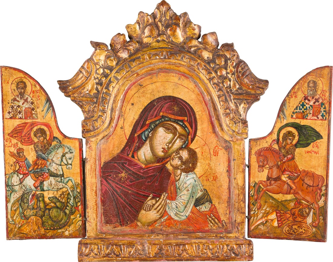 | TRIPTYCHON MIT DER GOTTESMUTTER DER PASSION UND DEN REITERHEILIGEN GEORG UND DEMETRIOS: A TRIPTYCH SHOWING THE MOTHER OF GOD OF THE PASSION FLANKED BY STS. GEORGE AND DEMETRIOS Recent Oil on canvas laid down on wood panels. Painted on a gold ground. 31.8 x 39 cm (extended).TRIPTYCHON MIT