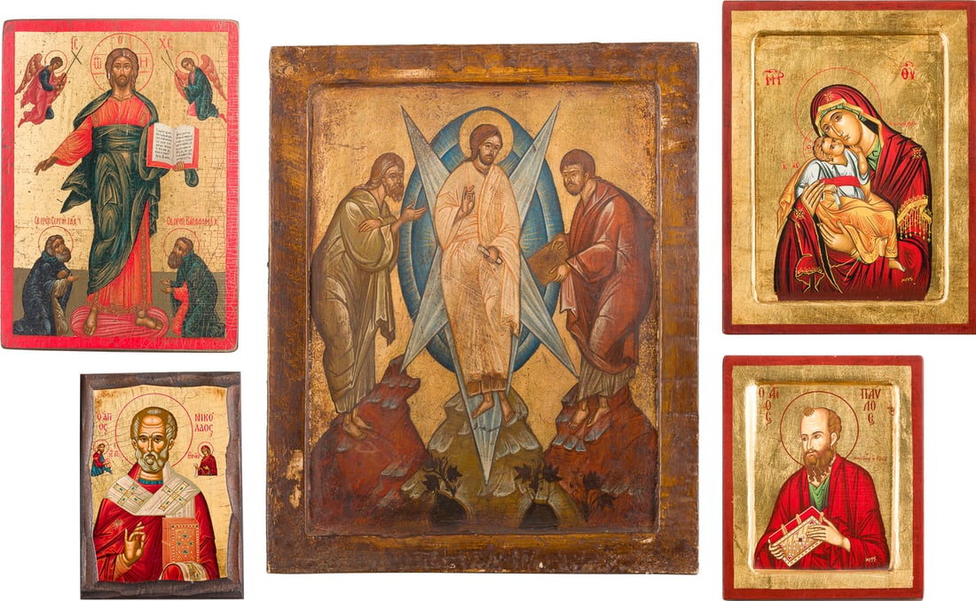 | FUeNF IKONEN MIT CHRISTUS, DER GOTTESMUTTER, DER VERKLAeRUNG UND HEILIGEN: FIVE ICONS SHOWING CHRIST, THE MOTHER OF GOD, THE TRANSFIGURATION AND SAINTS Recent Oil / imprint on paper on wood panels, on gold ground. 16.8-39.6 cm high.FUeNF IKONEN MIT CHRISTUS, DER GOTTESMUTTER