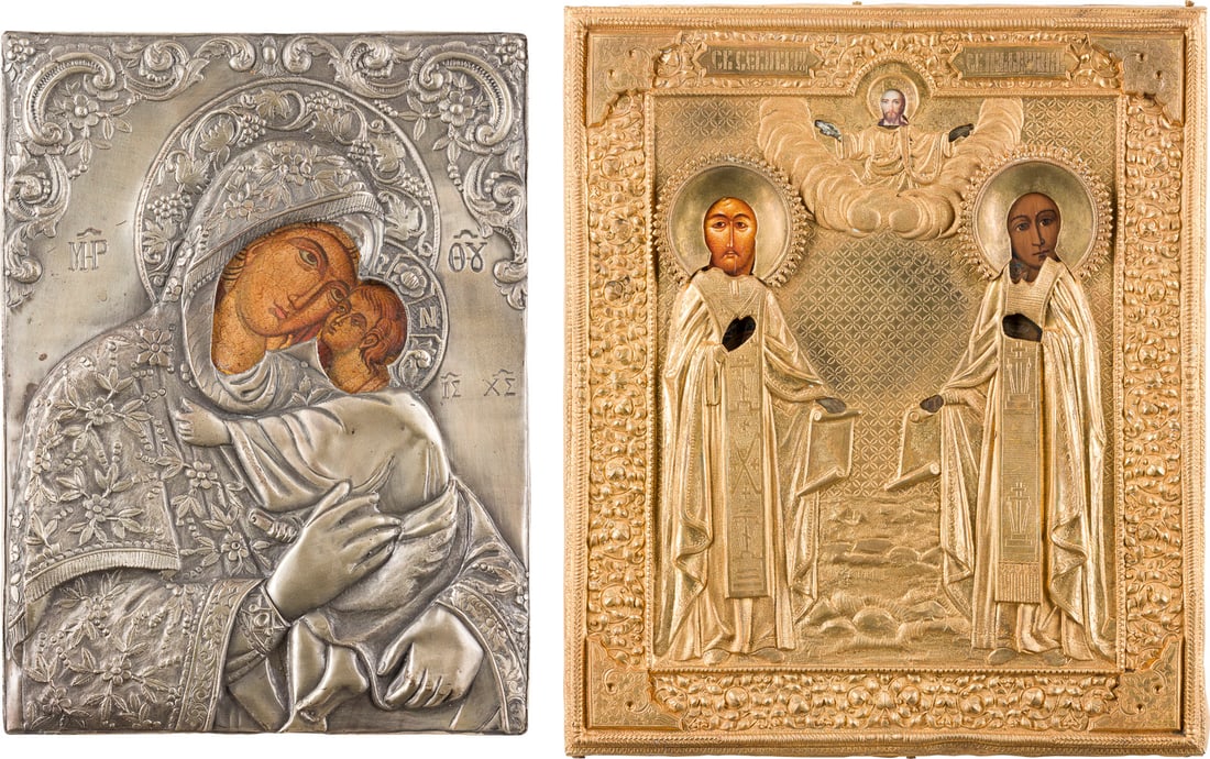 | ZWEI IKONEN MIT OKLAD: HEILIGE UND GOTTESMUTTER ELEUSA (1 of 3)