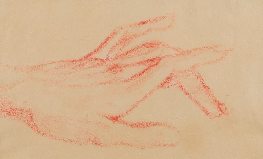 HEINRICH HOERLE | HANDSKIZZE (1915): HEINRICH HOERLE 1895 Cologne - 1936 ibid. HAND SKETCH (1915) Red coloured pencil on paper. F 25 x 35 cm, Sheet size ca. 22 x 27,8 cm. Inscr. 'Heinz Hoerle Koeln 1915' on the side of the paper. Inscrib
