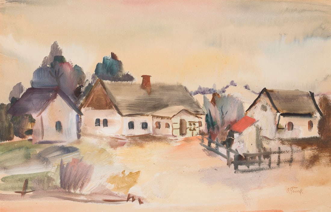 OSKAR GAWELL | BAUERNHOF: OSKAR GAWELL 1888 Chawlodno, Prussia - 1855 Vienna FARMHOUSE Mixed media on paper. F 59 x 79 cm. Visible size 38,5 x 59 cm. Signed lower right. Part. min. stained. Mounted and framed behind glass (uno
