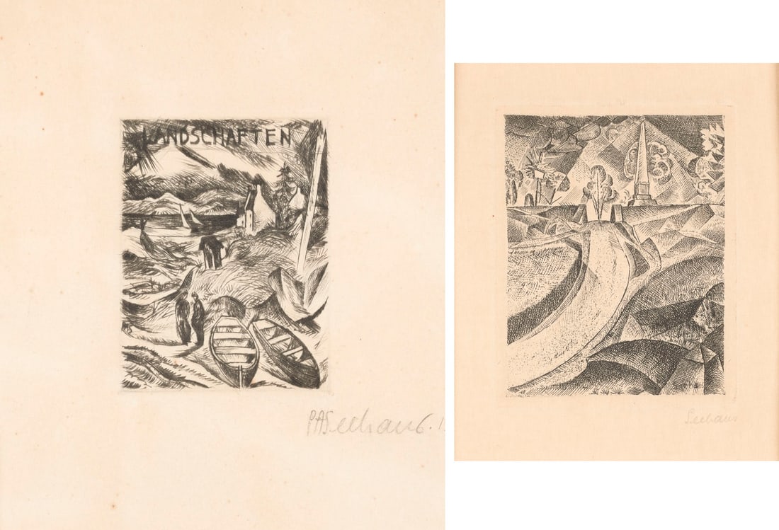 PAUL ADOLF SEEHAUS | ZWEI LANDSCHAFTEN: PAUL ADOLF SEEHAUS 1891 Bonn - 1919 Hamburg TWO LANDSCAPES Two dry point etchings on wove paper. Frame dimensions each 38.5 x 30.5 cm. Visible size 13.3 x 11/17.2 x 14.6 cm. Print size 9.1 x 7.2/8.5 x
