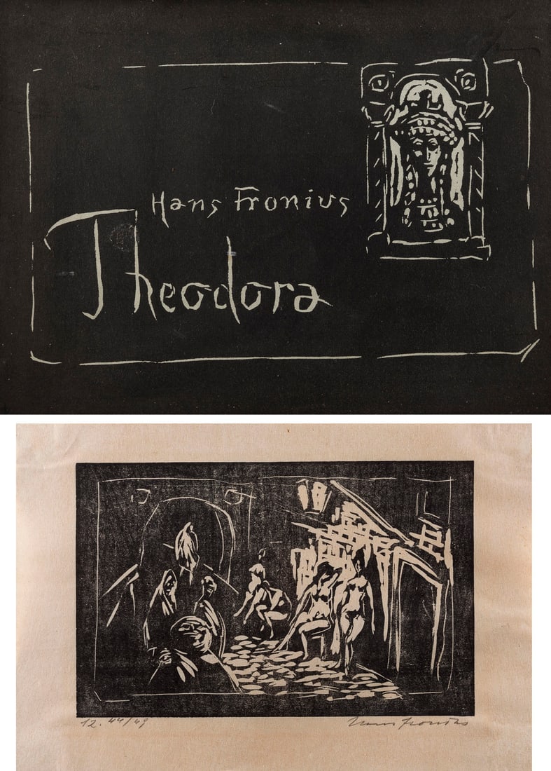 HANS FRONIUS | MAPPENWERK 'THEODORA': HANS FRONIUS 1903 Sarajevo - 1988 Moedling PORTFOLIO 'THEODORA' 28 woodcuts on thin laid paper. Cassette 51 x 39,5 cm. Sheet size 37,5 x 25 cm. Each signed and inscr. in pencil. With signs of age, par