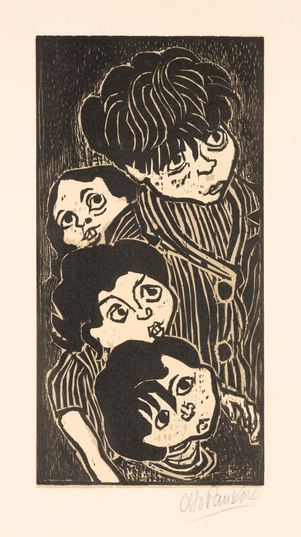 OTTO PANKOK | 'LAUSCHENDE KINDER' (1947): OTTO PANKOK 1893 Muehlheim/Ruhr - 1966 Wesel 'LAUSCHENDE KINDER' (1947) Woodcut on paper. Frame dimensions 48 x 29 cm. Visible size 45.3 x 26 cm. Print size 29.5 x 15 cm. Signed in pencil at lower rig