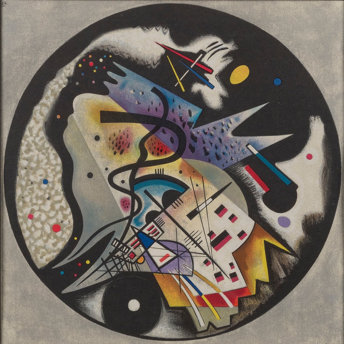 WASSILY KANDINSKY | 'DANS LE CIRCLE NOIR' (1923/60): WASSILY KANDINSKY 1866 Moskau - 1944 Neuilly-sur-Seine 'DANS LE CIRCLE NOIR' (1923/60) Colour lithograph. F 60,5 x 60,5 cm. Visible size 27,5 x 27,5. Signed in the plate lower left. Framed behind glas