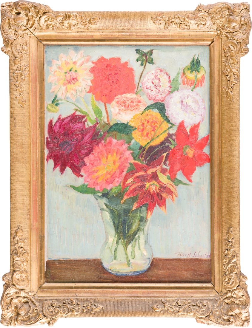 PAUL HORST-SCHULZE | 'DAHLIEN': PAUL HORST-SCHULZE 1876 Naunhof - 1937 Leipzig 'DAHLIEN (DAHLIAS)' Oil on wooden panel. Frame dimensions 50.5 x 38.5 cm. Panel 41.2 x 27.2 cm. Signed at lower right 'Horst-Schulze'. On an old adhesive