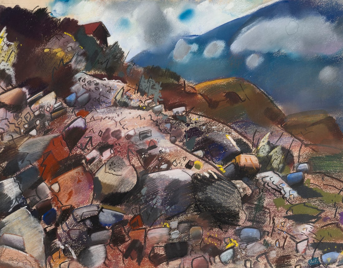 OTTO HERBIG | LANDSCHAFT (1937): OTTO HERBIG 1889 Dorndorf - 1971 Weilheim LANDSCAPE (1937) Pastel on Fabriano, with watermark. F 66 x 80,5 cm. Sheet size 48,5 x 62 cm. Signed and dated in pencil lower left. Stain in the upper right-