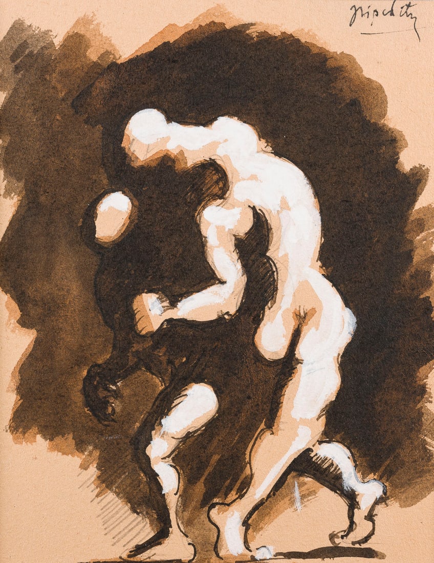 JACQUES LIPCHITZ | ZWEI FIGUREN: JACQUES LIPCHITZ 1891 Druskininkai, Lithuania - 1973 Capri, Italy TWO FIGURES Pencil,watercolour and ink on cardboard. PP 30 x 24 cm. Cardboard 26,5 x 19,5 cm. Signed upper right 'Jlipchitz'. Mounted 