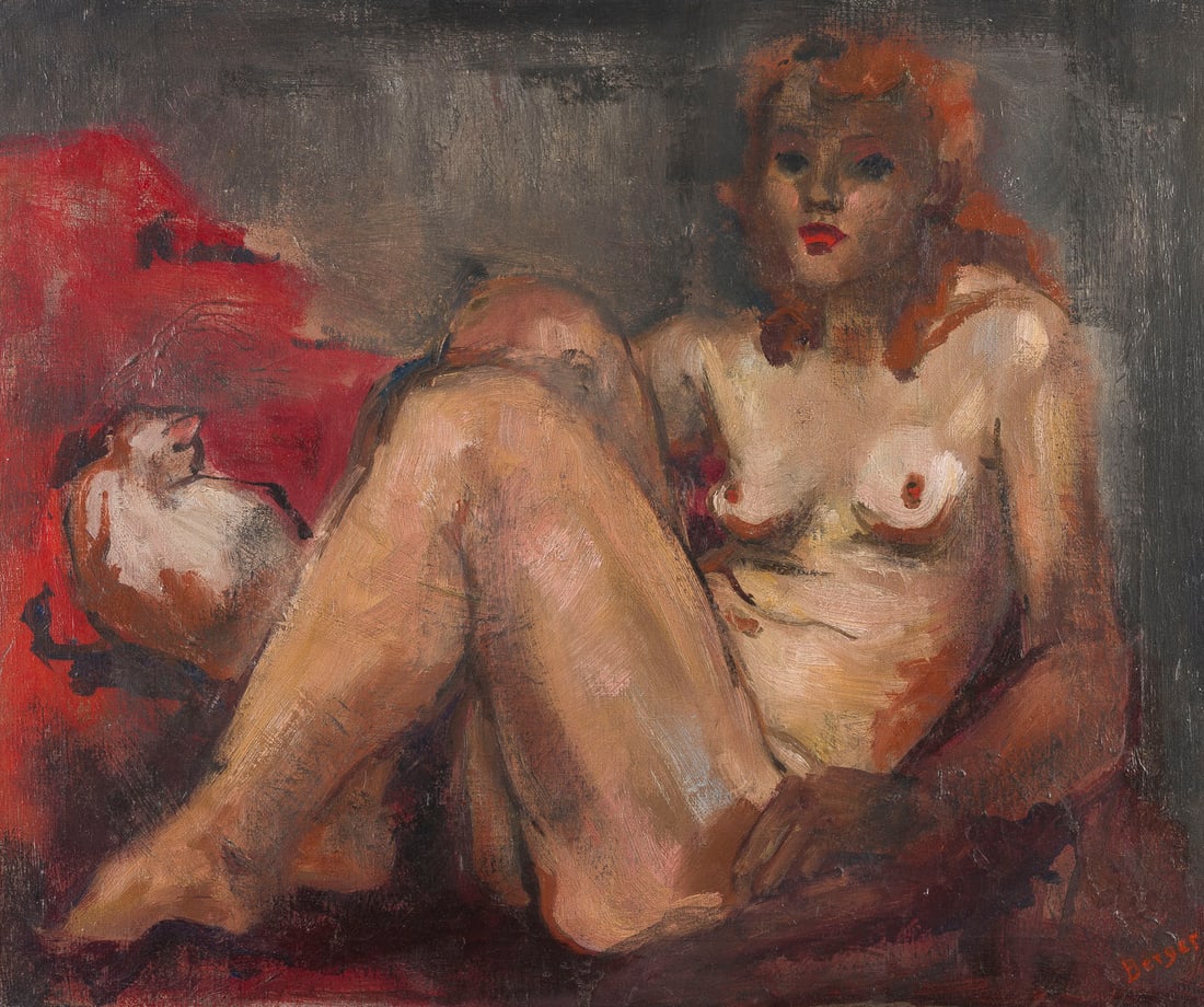 HANS BERGER | SITZENDER DAMENAKT MIT KATZE: HANS BERGER 1882 Biel, Switzerland - 1977 Aire-la-Ville, Switzerland SEATED FEMALE NUDE WITH CAT Oil on canvas. Frame dimensions 64 x 73.5 cm. Canvas 50.5 x 61 cm. Signed 'Berger' at lower right. With