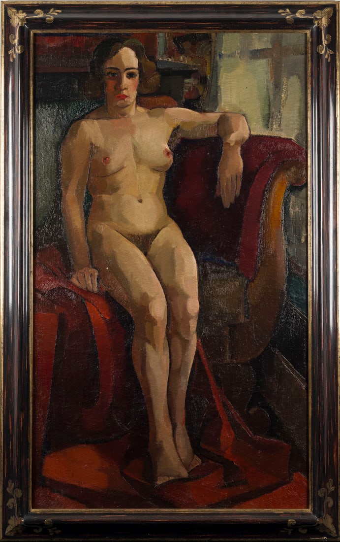 HARMEN MEURS | DAMENAKT: HARMEN MEURS 1891 Wageningen - 1964 Ermelo FEMALE NUDE Oil on canvas. F 155,5 x 98,5 cm. 137,5 x 80 cm. Verso: signed and illegibly inscr. on the reverse. Part. rest., part. with minimal flaking of co