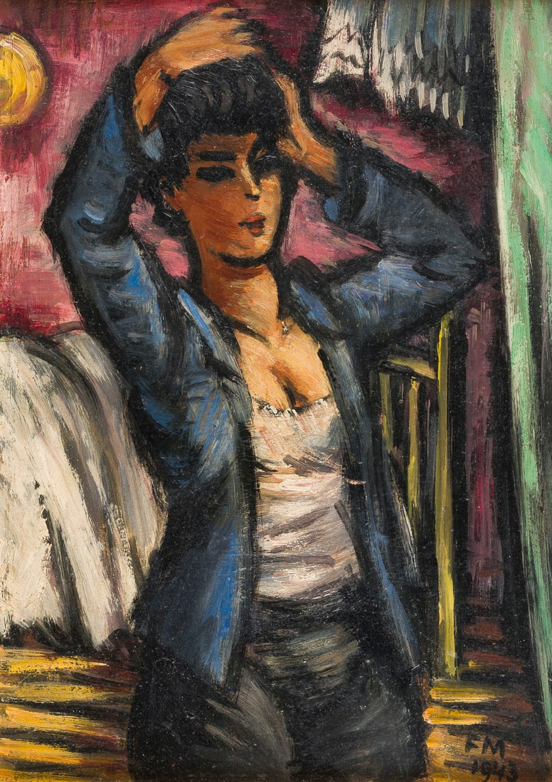 FRANS MASAREEL | DAME BEIM FRISIEREN (1943): FRANS MASAREEL 1889 Blankenberge - 1972 Avignon, France WOMAN DOING HER HAIR (1943) Oil on panel. Frame dimensions 35 x 27 cm. Visible size 26 x 18.5 cm. Monogrammed and dated at lower right 'FM 1943'