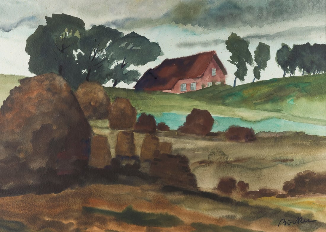 HERMANN BOECKER | HAUS AM SEE: HERMANN BOECKER 1890 Oldenburg - 1978 Munich HOUSE BY THE LAKE Watercolour on paper. F 74,5 x 94,5 cm. Visible size 54,5 x 76 cm. Signed lower right. Mounted and framed behind glass (unopened).HERMANN