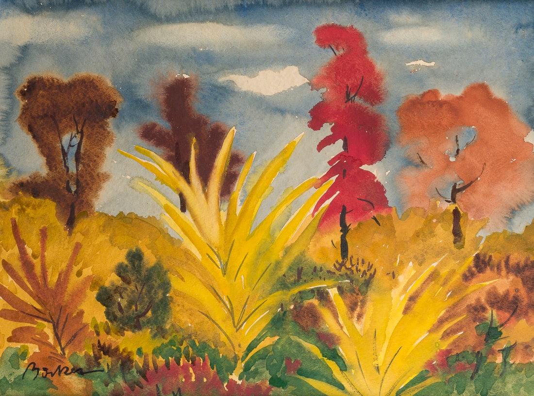 HERMANN BOECKER | 'HERBST AM WALDRAND': HERMANN BOECKER 1890 Oldenburg - 1978 Munich 'ATUMN AT THE WOOD'S EDGE' Watercolour on paper. F 48 x 57,5 cm. Sheet size 30 x 40 cm. Signed lower left. Verso: titled on the reverse and with artist's a